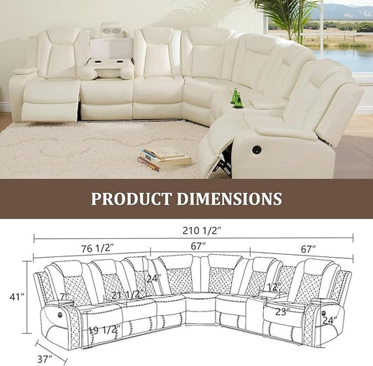 Power Recliner Sectional Couch with LED, Leather Reclining Sofa for Living Room, Muti-Functional Recliner Corner Sofa with Storage Console/Cup Holders/USB Ports (Creamy White, SECTIONAL)