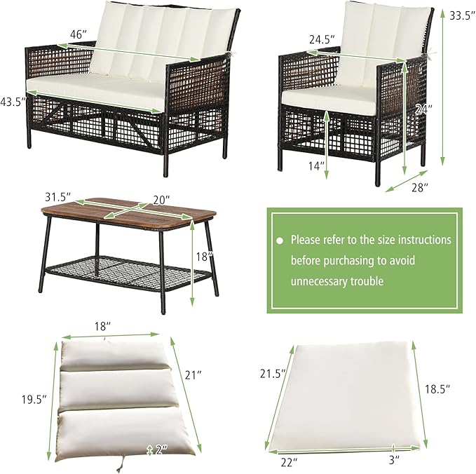 Tangkula 4 Pieces Patio Furniture Set, Outdoor PE Wicker Conversation Set with 2-Tier Coffee Table, Acacia Wood Tabletop & Extra Storage Shelf, Outdoor Furniture Sofa Set w/Cushions (1, Off White)
