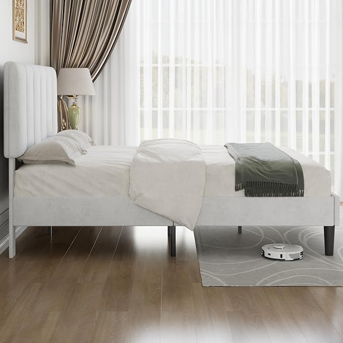 VECELO Full Bed Frame with Upholstered Headboard, Heavy-Duty Platform Bedframe with Strong Wooden Slats Support, No Boxing Spring Needed, Pure White