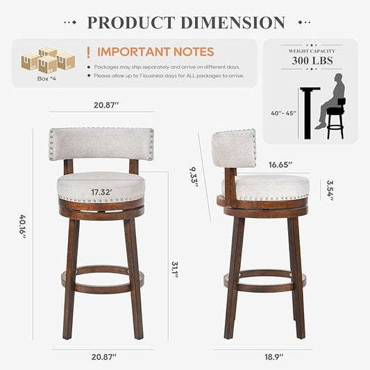 COLAMY Swivel Bar Stools Set of 4, Swivel Counter Height Barstools, 30 Inch Upholstered Barstools for Kitchen Island Dining Room Bar, Beige