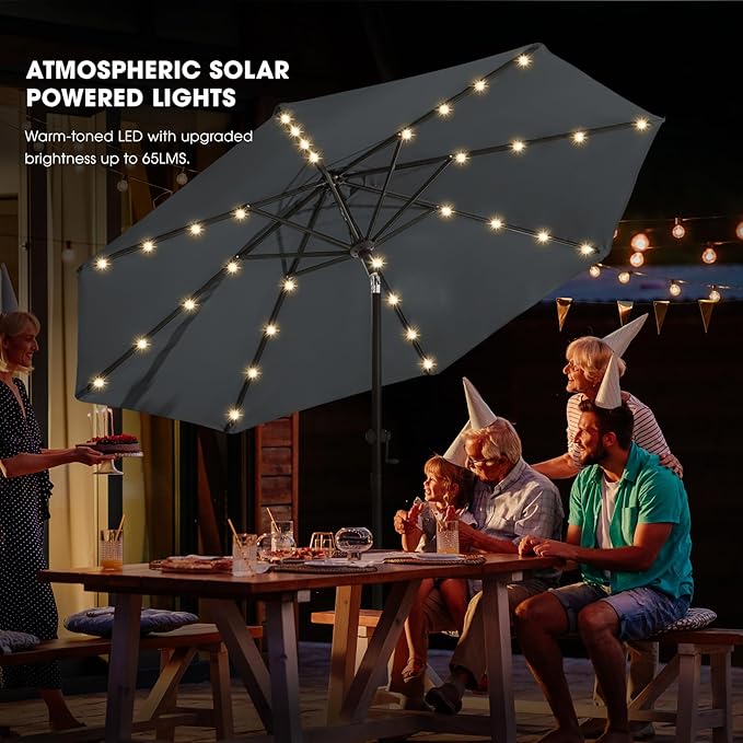 wikiwiki 9FT Solar Led Patio Umbrella with Base Included, 32 LED Lights, 8 Sturdy Ribs, Fade Resistant Waterproof POLYESTER DTY Canopy for Garden, Lawn, Deck, Backyard & Pool, Dark Gray