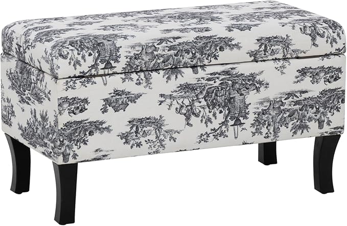 Linon Stephanie Black and White Toile Fully Upholstered Bench with Hidden Interior Storage