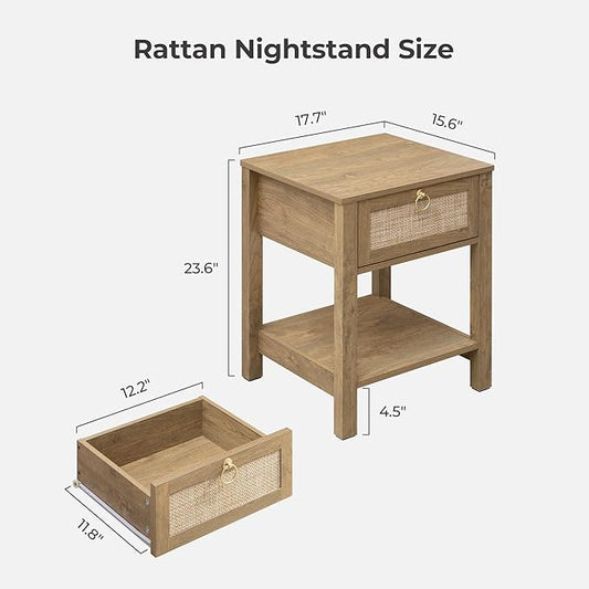 SICOTAS Rattan Nightstand Set of 2, Rattan Decor Drawer with Brass Knobs Night Stand Bedside Table Boho End Tables Side Tables with Storage Shelf for Bedroom,Small Space