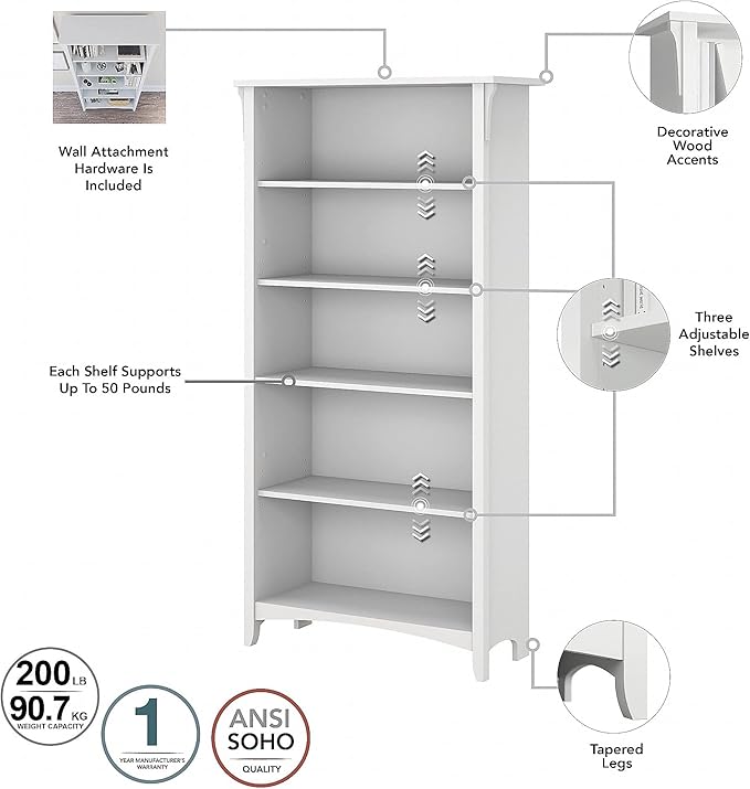 Bush Home Salinas Tall 5 Shelf Bookcase - Set of 2 in Shiplap Gray and Pure White, Vertical Office Storage, Bookshelves for Home Workspace, Multi-Purpose Shelving Units
