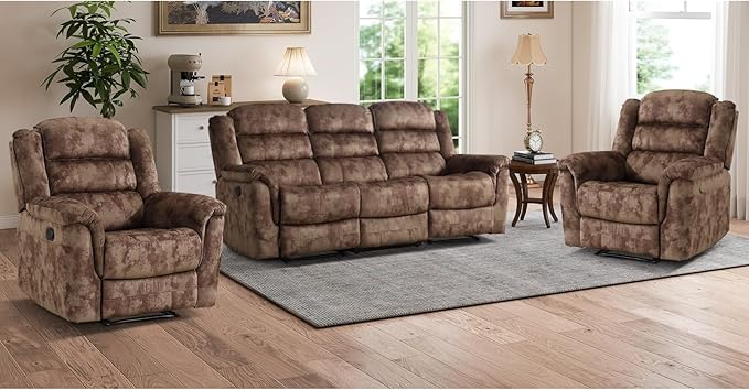 EBELLO 3 Pieces Reclining Living Room Set, Soft Fabric Manual Recliner Sofa Furniture Set, Includes 2 Overstuffed Recliner Chairs and one 3 Seat Sofa, Brown