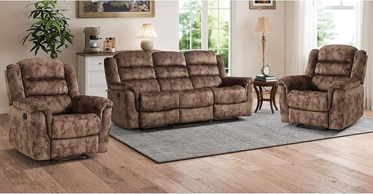 EBELLO 3 Pieces Reclining Living Room Set, Soft Fabric Manual Recliner Sofa Furniture Set, Includes 2 Overstuffed Recliner Chairs and one 3 Seat Sofa, Brown