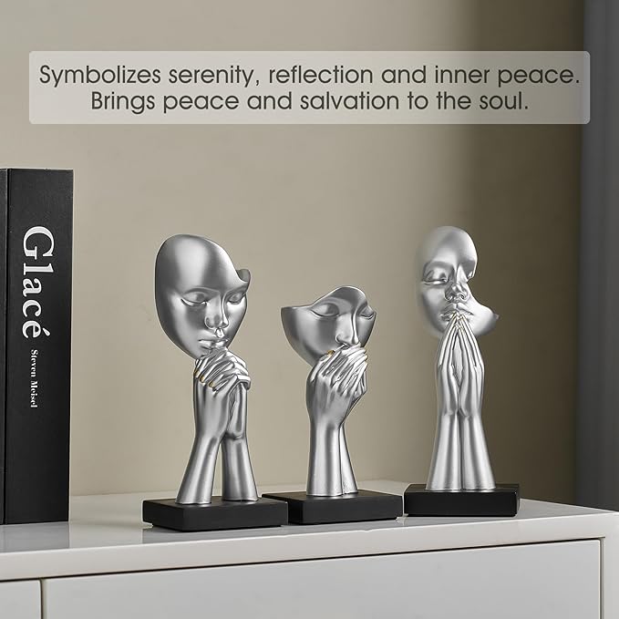 3 Pcs Silver Decor Prayer Statues, Modern Prayer of Peace Figurines Shelf Decor Accents, Abstract Art Sculpture Home Decorations for Living Room Bedroom Office Bookshelf Coffee Table, Gifts for Women