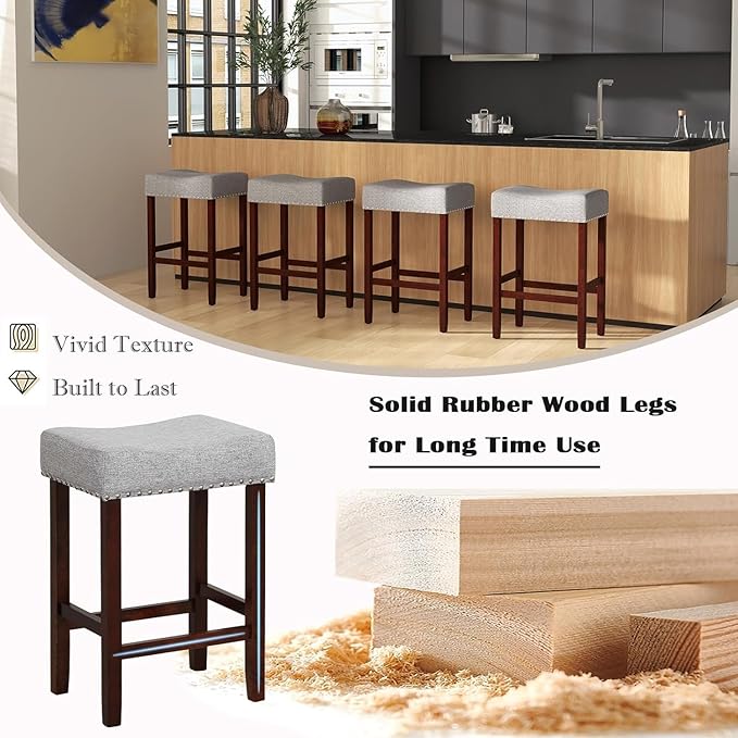 ERGOMASTER Bar Stools, 24 Inch Modern Saddle Stools, Rubber Wood, Light Grey/Brown, Set of 2