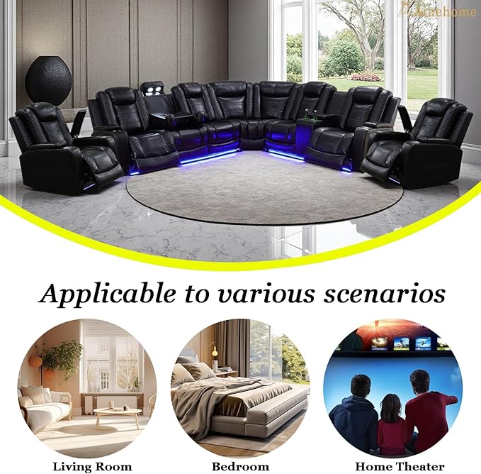 A Ainehome Living Room Furniture Power Recliner Sectional Sofa Set, Power Reclining Sectional Couch, Adjustable Sofa, Loveseat and Chair with USB Chargers/Storage Console for Living Room(B-Black)