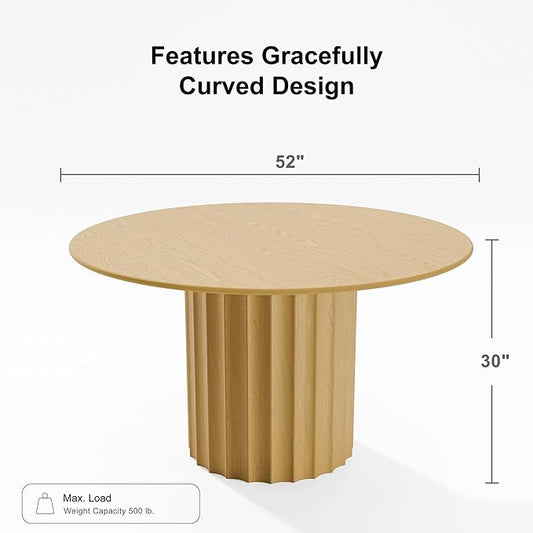 Casaphoria 52" Round Dining Table, Modern Wood Kitchen Table with Cylindrical Wide Bar Concave Base for Living Room & Dining Room, Easy Assembly Farmhouse Furniture for 4-6, Oak