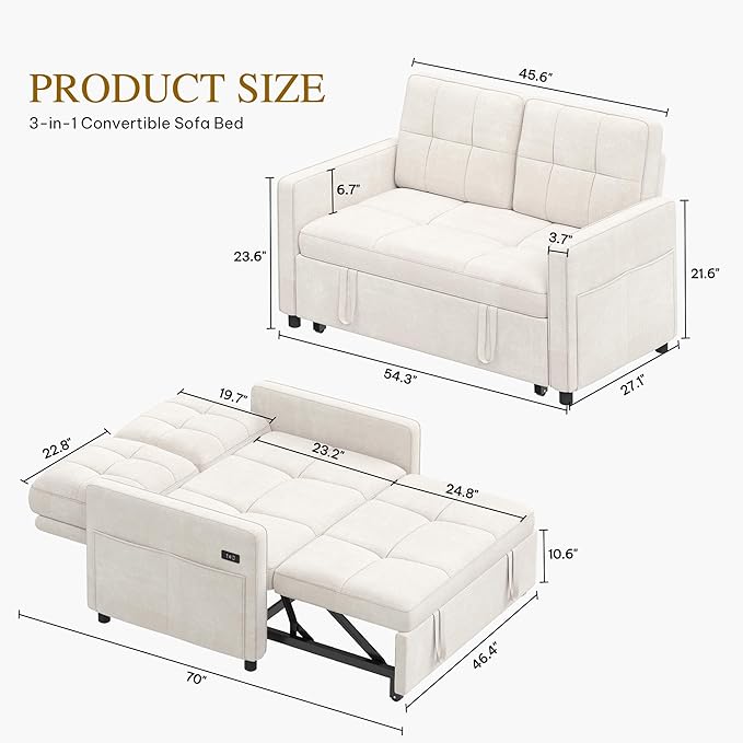YITAHOME 55" Convertible Sofa Bed, 3-in-1 Sleeper Sofa with Pull-Out Bed, Cat-Scratch-Proof Futon Couch with 5-Levels Reclining Backrest, USB and Side Pocket, Modern Loveseat for Living Room, Beige
