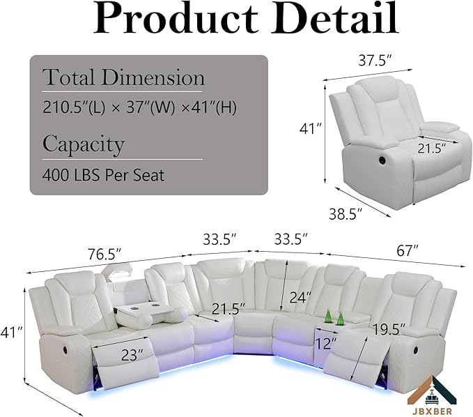 Power Recliner Sectional Sofa Set for Living Room, Leather Recliner Sofa Sets, L-Shaped Corner Sectional Couch Sets with LED Lights, Console Storage(Sectional and Chair,Cream)