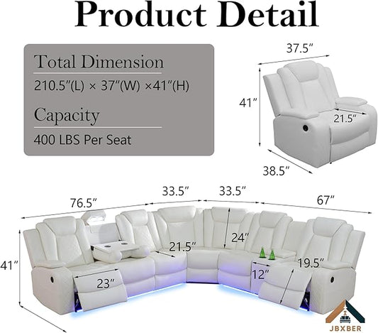 Power Recliner Sectional Sofa Set for Living Room, Leather Recliner Sofa Sets, L-Shaped Corner Sectional Couch Sets with LED Lights, Console Storage(Sectional and Chair,Cream)