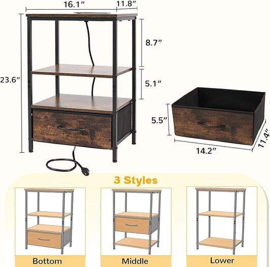 Night Stand with Charging Station, Bedside Table with Adjustable Fabric Drawers, End Table with LED Lights, Side Table with USB Ports Open Shelf for Bedroom, Brown