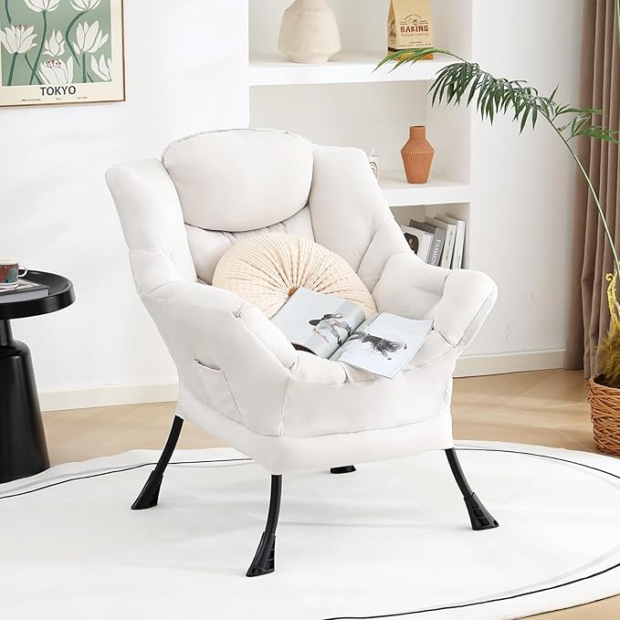 Lazy Chair, Large Accent Chair, Modern Comfy Armchair, Beige Chair for Living Room Bedroom Dorm Room Office Apartment Reading Relaxing Use