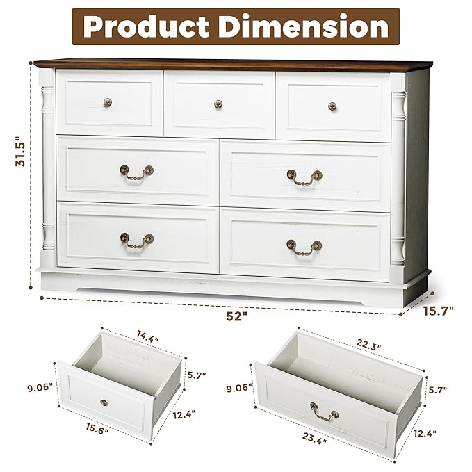 52" Farmhouse 7 Drawer Dresser for Bedroom,Tall Wide Wood Country Rustic Chest of Drawers,Column Decor,Retro Handle,Natural Texture,Wood Vintage TV Stand,Antique White