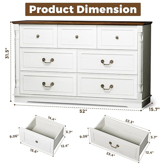 52" Farmhouse 7 Drawer Dresser for Bedroom,Tall Wide Wood Country Rustic Chest of Drawers,Column Decor,Retro Handle,Natural Texture,Wood Vintage TV Stand,Antique White