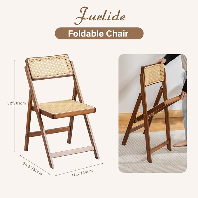Rattan Folding Chair, Modern Mid Century Dining Chairs Set of 1, Comfy Outdoor Bamboo Chairs for Bedroom Living Room Reading Room Dining Kitchen, Walnut