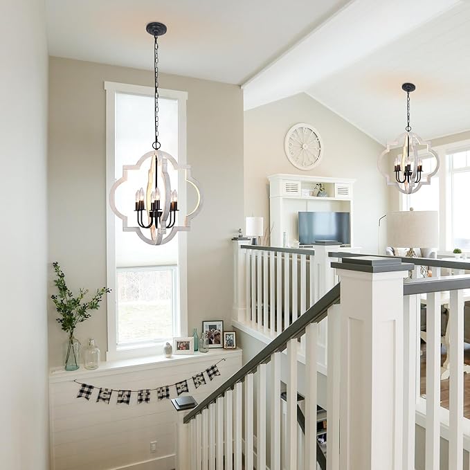 21'' Farmhouse Wood Chandelier, 6-Light Distressed White Dining Room Light Fixture, Adjustable Height Rustic Wood Orb Chandelier for Kitchen Island Foyer Living Room Bedroom Entryway