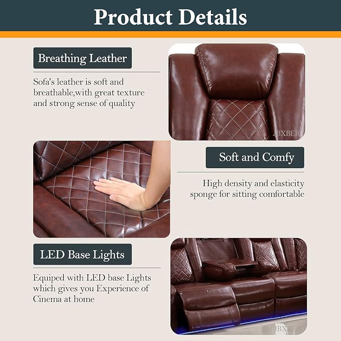 Power Recliner Sectional Sofa Set, Brown Leather Sectional Couch and 2 Chairs for Living Room, L Shape Reclining Sofa with Cup Holder, Hidden Storage, Coffee Table for House(7 Seat)