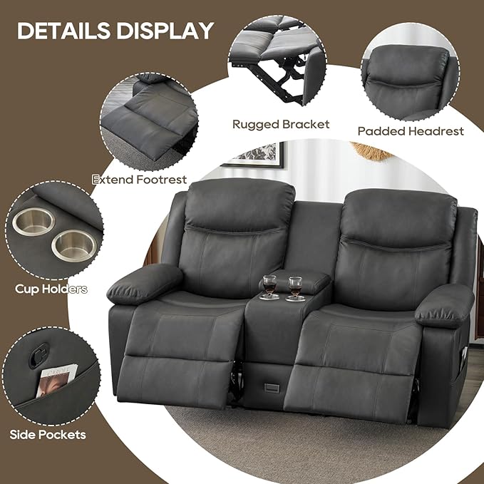Loveseat Recliner Sofa, PU Leather Sofa Couch, Manual Recliner Loveseat with Console, Double Reclining RV Sofa with Cup Holders and Side Pocket for Living Room/Office/Apartment (Grey) | Heating & Massage, Hidden Drawer