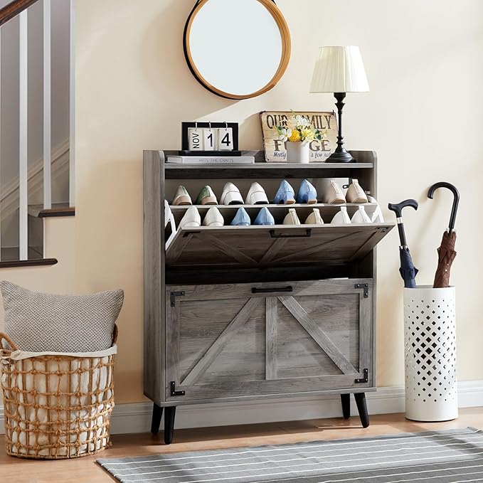 Shoe Storage Cabinet with 2 Flip Drawers, Farmhouse Hidden Shoe Organizer, Narrow Slim Shoe Rack Cabinet for Entryway Hallway,Washed Gray