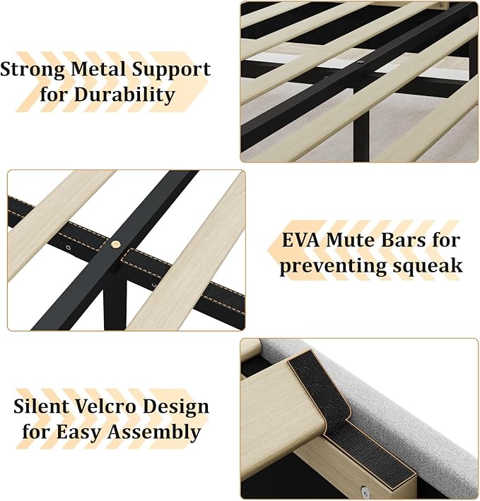Queen Size Bed Frame with Velvet Upholstered Headboard, Platform Bed Frame No Box Spring Needed, Modern Bedframe with Strong Wooden Slats, Light Gray