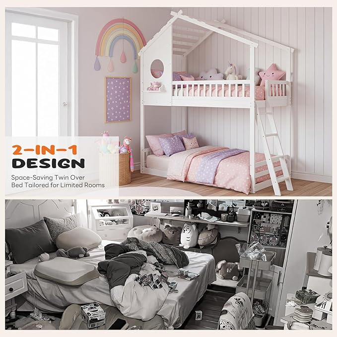 DUMOS Wood Twin Over Twin House Bunk Bed, Loft Bed with Ladder, Safety Guardrail, Wooden Slats & Window, Kids Twin Bed Frame for Teens Juniors, Freely Decorative House Roof