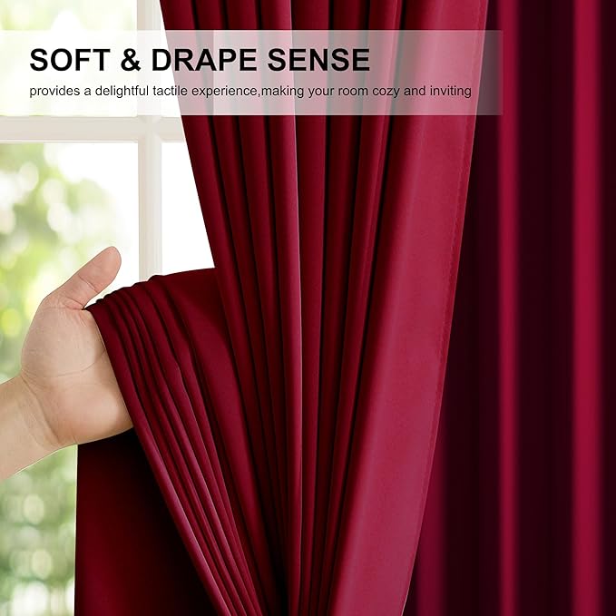 NICETOWN Wine Red 100% Blackout Curtain Panels, Rod Pocket Window Curtains with Black Liner for Nursery, 52 inches Wide Each Panel, 84 inches Drop Cold and Full Light Blocking Draperies (2 Pieces)