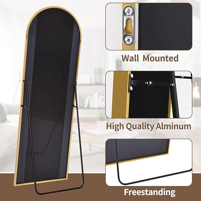 OGCAU Full Length Mirror, 65"x22" Arched Full Body Mirror, Hanging, Leaning or Standing, Wall Mounted for Bedroom Living Room, Gold