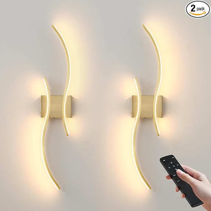 Battery Operated Wall Sconces Set of Two with Remote Control, Battery Wall Light, Stepless Colors 3000K-6000K & Dimming, Brass Rechargeable Wall Sconces for Living Room, Hallway, Bedroom, 27.5 Inch
