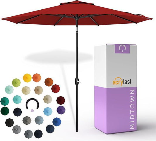 Midtown Umbrellas – The Lean 8 Ft Patio Umbrella with 10-Year-No-Fade Acrylast Acrylic Fabric, Auto-Tilt and 8 Reinforced Ribs for Deck, Pool, Garden, Hotel & Cafes – Regatta Red Canopy, Black Pole