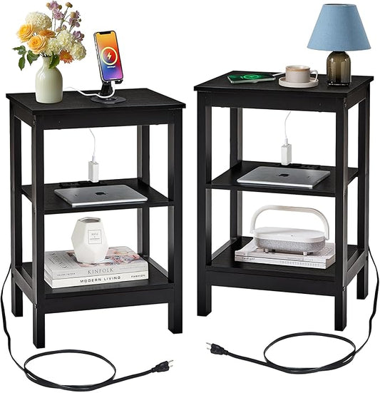 VECELO Side/End Storage with Shelf Versatile Nightstands Lamp Table Living Room Bedroom Furniture, Shelves, Classic Black