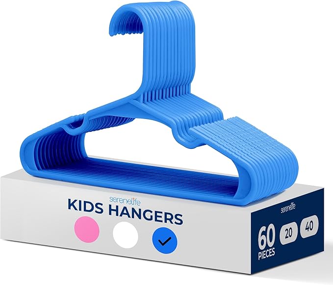 SereneLife 60 Pack Kids Plastic Hangers - Slim Design with Shoulder Grooves, Everyday Standard Use, Ideal for Boys and Girls Closet - Children's Hangers for Baby, Toddler, and Child Clothes (Blue)