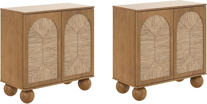 Nathan James Leah Boho TV Stand or Sideboard Cabinet for Kitchen or Living Room with Ball-Style Feet, Natural Seagrass Door Fronts and Solid Wood Legs, Light Brown, Set of 2