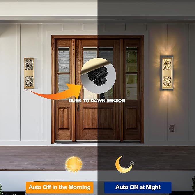 Dusk to Dawn Outdoor Lighting,Porch Lights Outdoor 14.2'' IP65 Waterproof Exterior Lighting Fixtures 12W LED Crystal Modern Outdoor Sconce Lights for House Hallway Doorway Patio, Gold, 1PCS