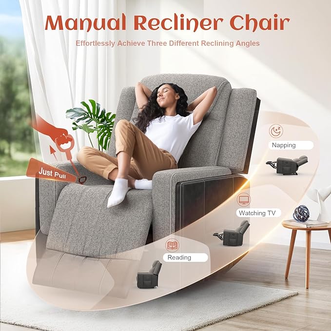 Dresegmt Oversize Manual Recliner Chair for Adults, Extra Wide Single Reclining Sofa Chair with Ergonomic, FSC Certified, Grey Linen-Blend & Chocolate Leather Scandinavian Chic for Living Room, RV