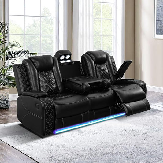 Air Leather Loveseat Power Recliner Sofa, 3 Seat Reclining Sofa with Drop Down Table,Reading Light, LED Lighting&USB Port (Black)