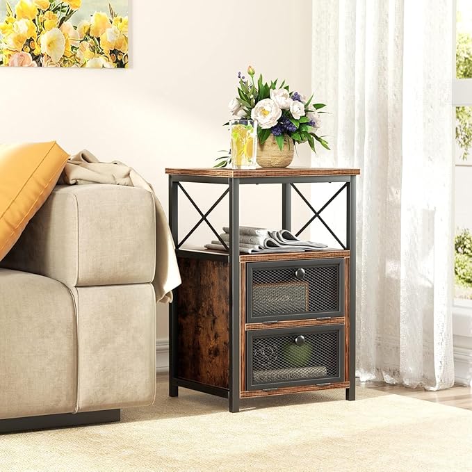VECELO Nightstand Set of 1, End Table with Flip Drawer, Modern Night Stand for Bedroom,Living Room, Office, Easy Assembly, Vintage Brown