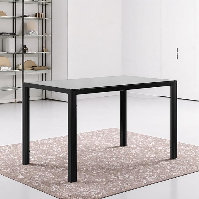 Tempered Glass Dining Table, Minimalist Rectangular Table with Transparent Surface and Metal Frame Construction, 47.3'' Table up to 4 People, Supports up to 170 Lbs, for Family Meals, Black