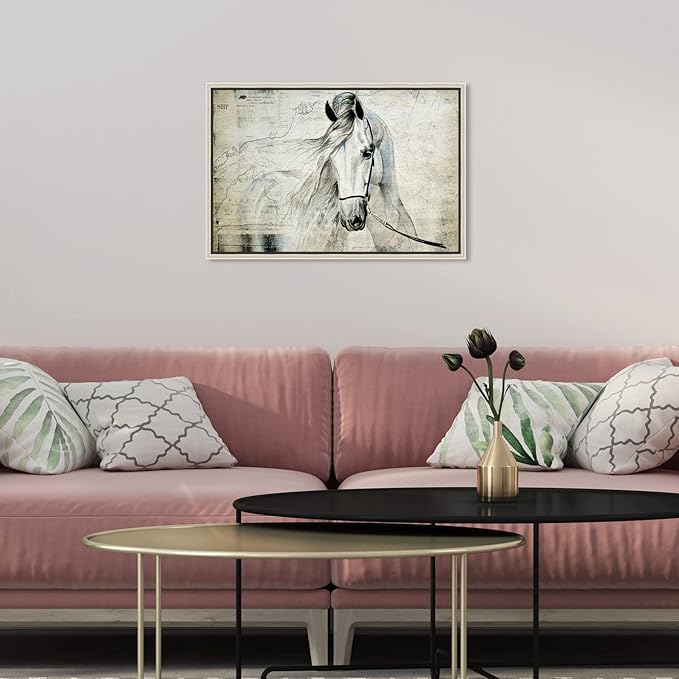 Country Farmhouse Canvas Print Painting Animal Wall Art 'Southern White Horse' Champagne Framed Canvas Rustic Home Décor 15x10 in Gray, Brown by Oliver Gal