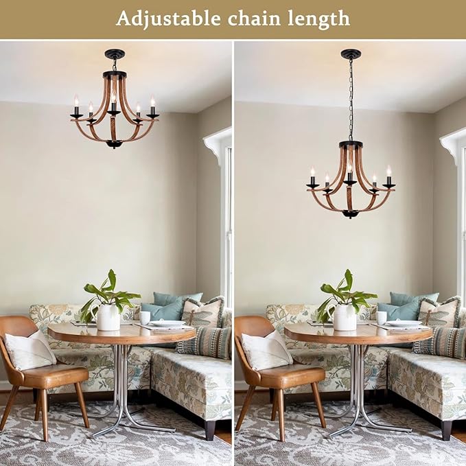 21" Farmhouse Chandelier, 5-Light Rustic Dining Room Light Fixture, Farmhouse Chandeliers for Dining Room, Faux Wood Texture Adjustable Pendant Lighting for Living Room, Kitchen, Foyer, Entryway