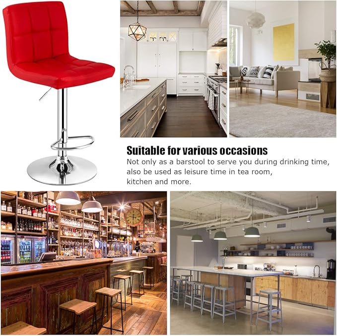 COSTWAY Adjustable Bar Stools Set of 2, Modern Swivel PU Leather Bar Chair with Backrest, Soft Cushioned Seat, Footrest, Sturdy Metal Frame, Comfortable Barstools for Kitchen Island, Pub, Red