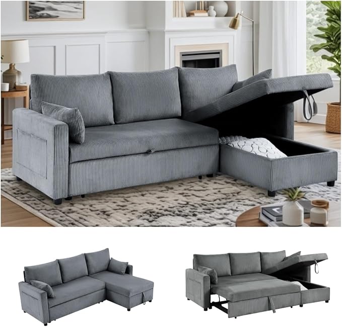 Sectional Sleeper Sofa with Pull Out Bed, L Shape Convertible Sofa Bed Couch with Storage Chaise, 3 in 1 Pull Out Sofa Bed with 3 Seats for Living Room,Apartment, Gray, 85Inch