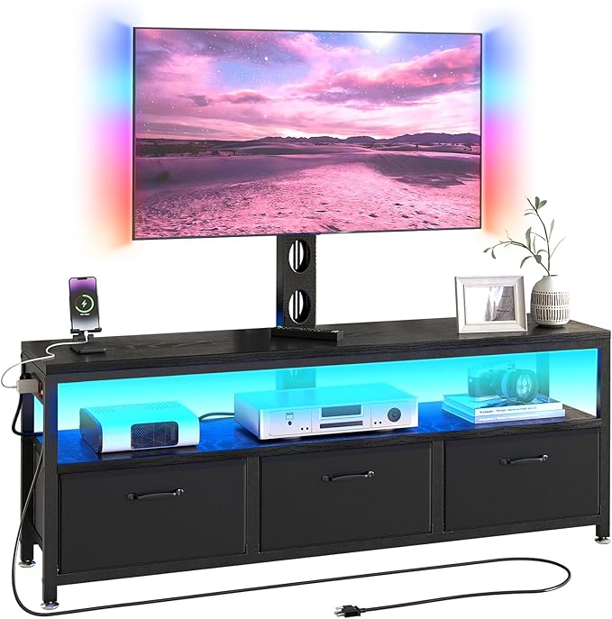 JUSTOGO TV Stand with Mount and Power Outlet, TV Stand Mount with Storage for Living Room, Entertainment Center with LED Lights for 45/55/60/65 inch, Height Adjustable Media Console, Black
