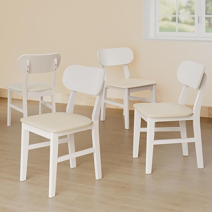 Farmhouse Dining Chairs Set of 4, Solid Wood, Modern Leather Upholstered Kitchen Chairs, Side Seating for Kitchen, Dining Room, Living Room, Home Office, Terrace, 350LBS Capacity, White