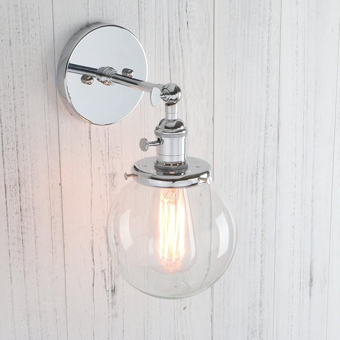 PERMO Vintage Industrial Wall Sconce Lighting Fixture with Mini 5.9" Round Clear Glass Globe Hand Blown Shade (Chrome)