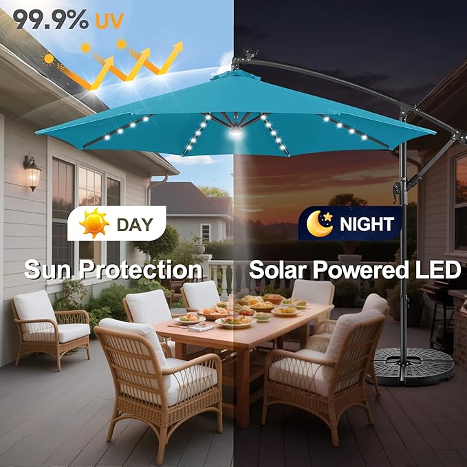FLAME&SHADE 10ft Solar Cantilever Umbrella with 40 LED Lights, Lighted Large Offset Outdoor Patio Umbrellas, 8 Sturdy Ribs, UPF50+ UV Protection for Pool Deck Garden Yard, Aqua Blue