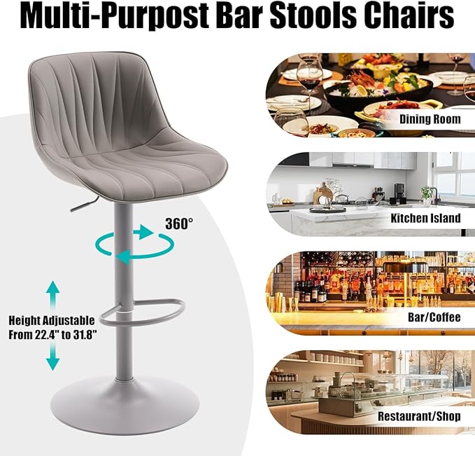 Kidol & Shellder Bar Stools Set of 2 Gray Adjustable Swivel Counter Height Barstools Upholstered Modern PU Leather Bar Chairs Stools for Kitchen Island