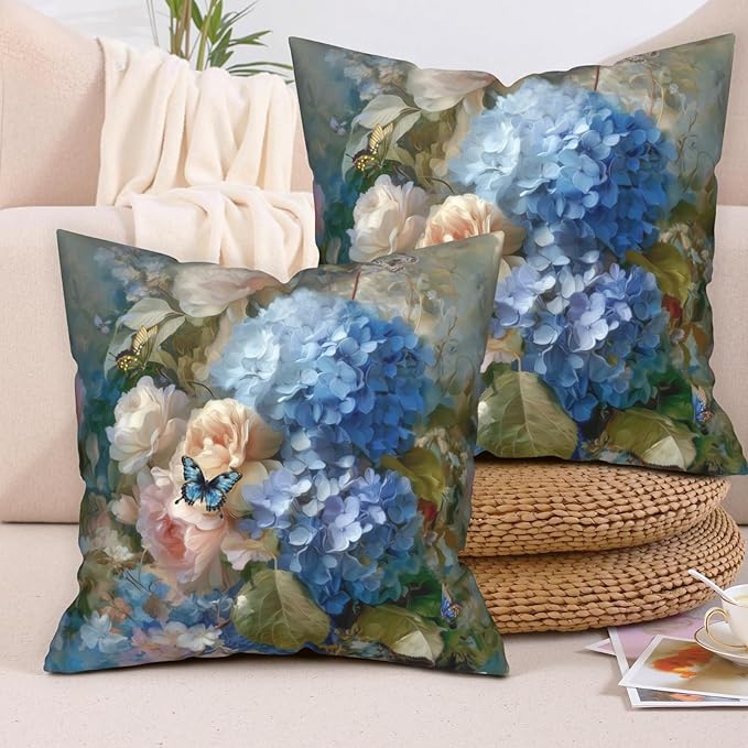 Vintage Rose Hydrangea Pillow Covers Oil Painting Floral Throw Pillow Covers Spring Summer Pillow Case 18x18 Blue Pink Flowers Cushion Case for Living Room Couch Sofa Set of 2